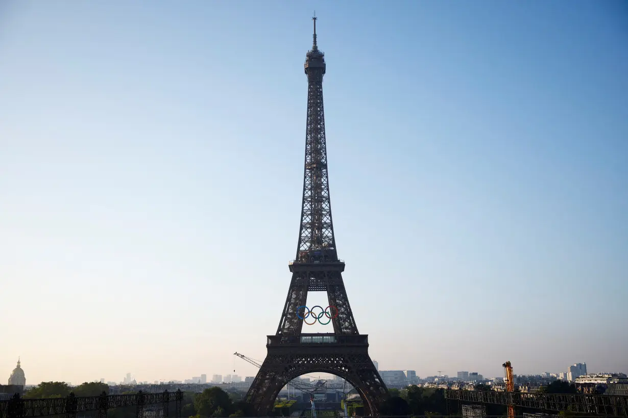 The Olympic rings displayed on the first floor of the Eiffel Tower