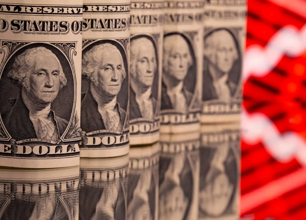 FILE PHOTO: U.S. one dollar banknotes are seen in front of displayed stock graph