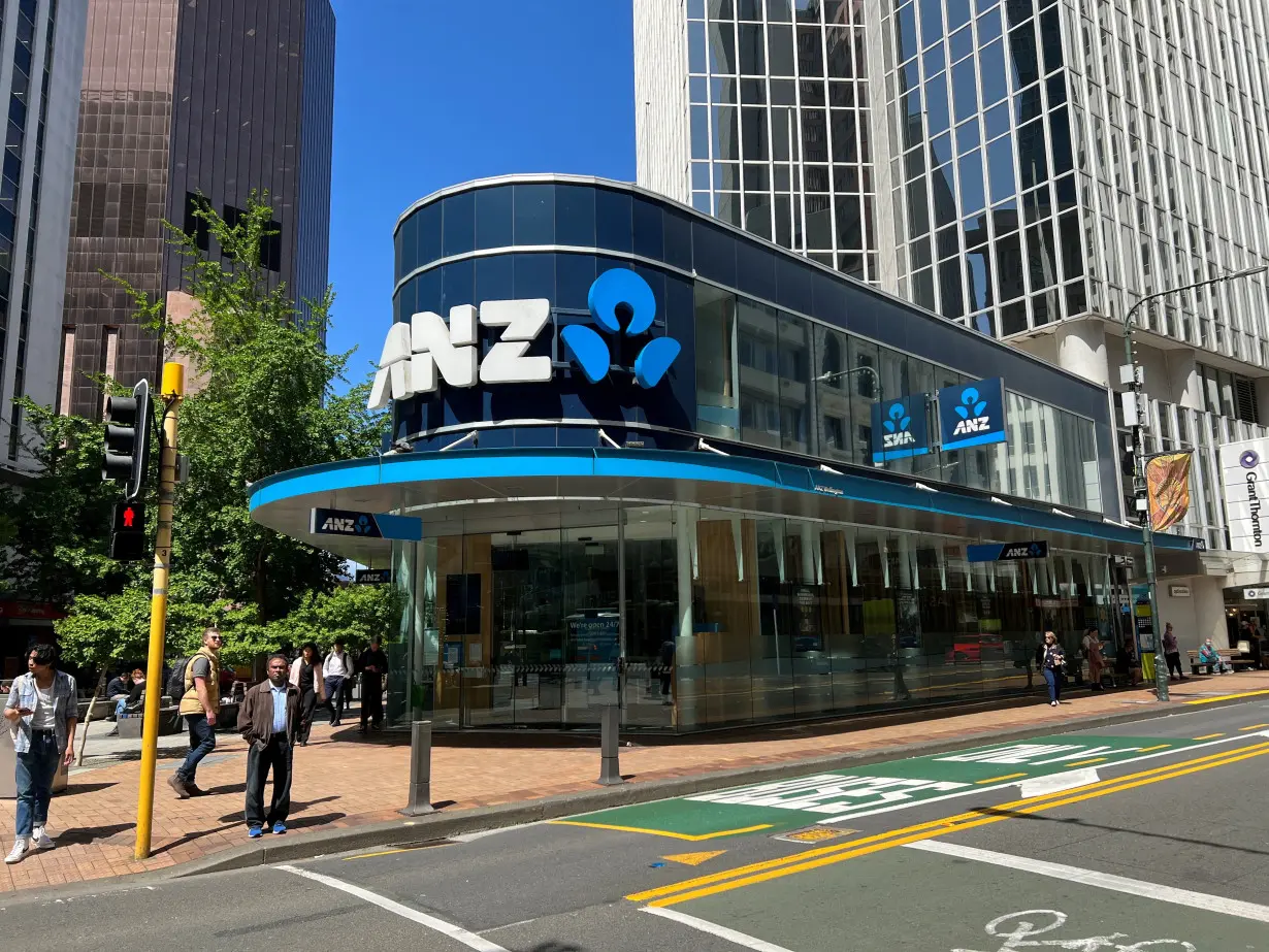 FILE PHOTO: The logo of the ANZ Bank is seen at Lambton Quay, in Wellington