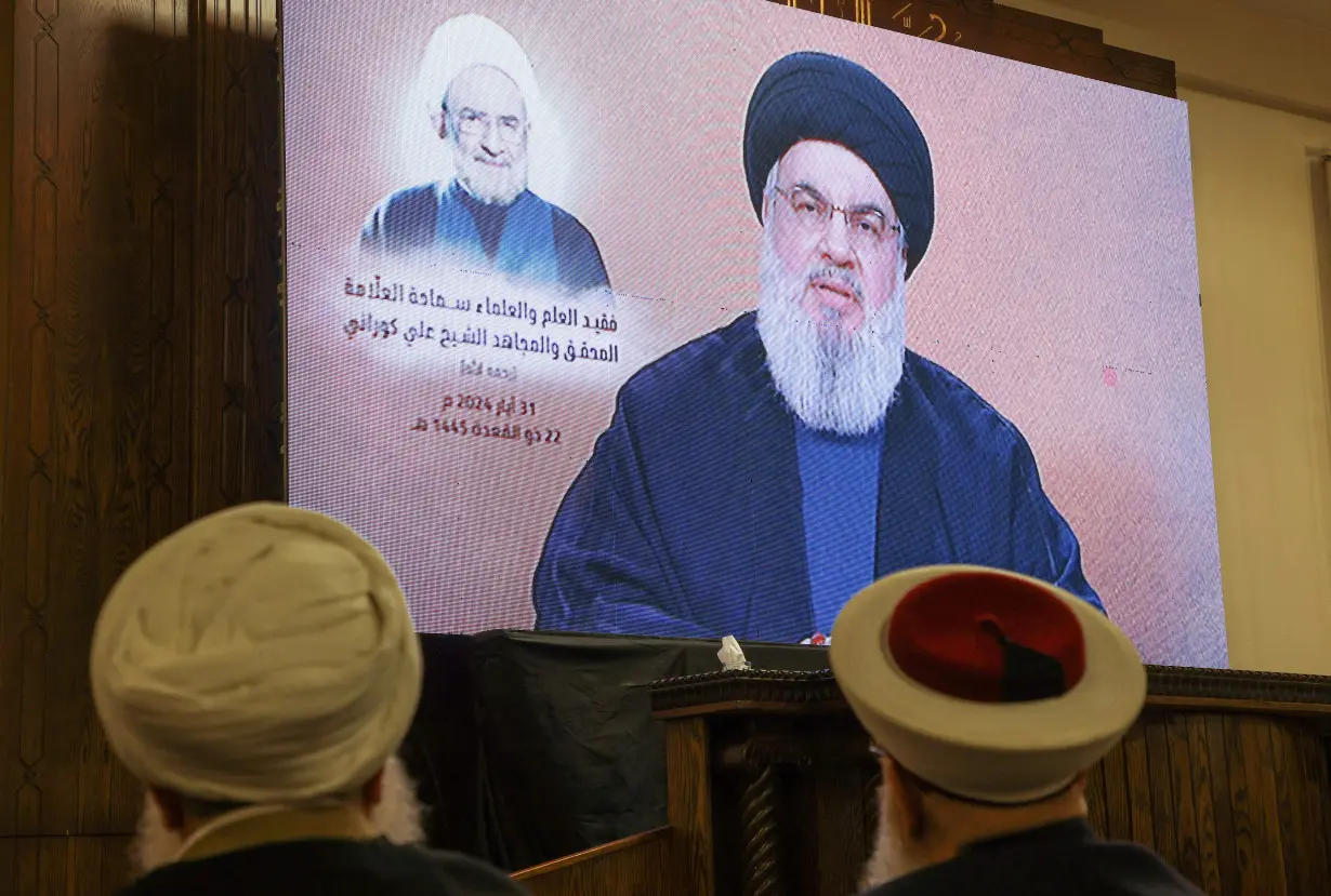 FILE PHOTO: Lebanon's Hezbollah leader Sayyed Hassan Nasrallah gives a televised address during a ceremony, in Beirut's southern suburbs