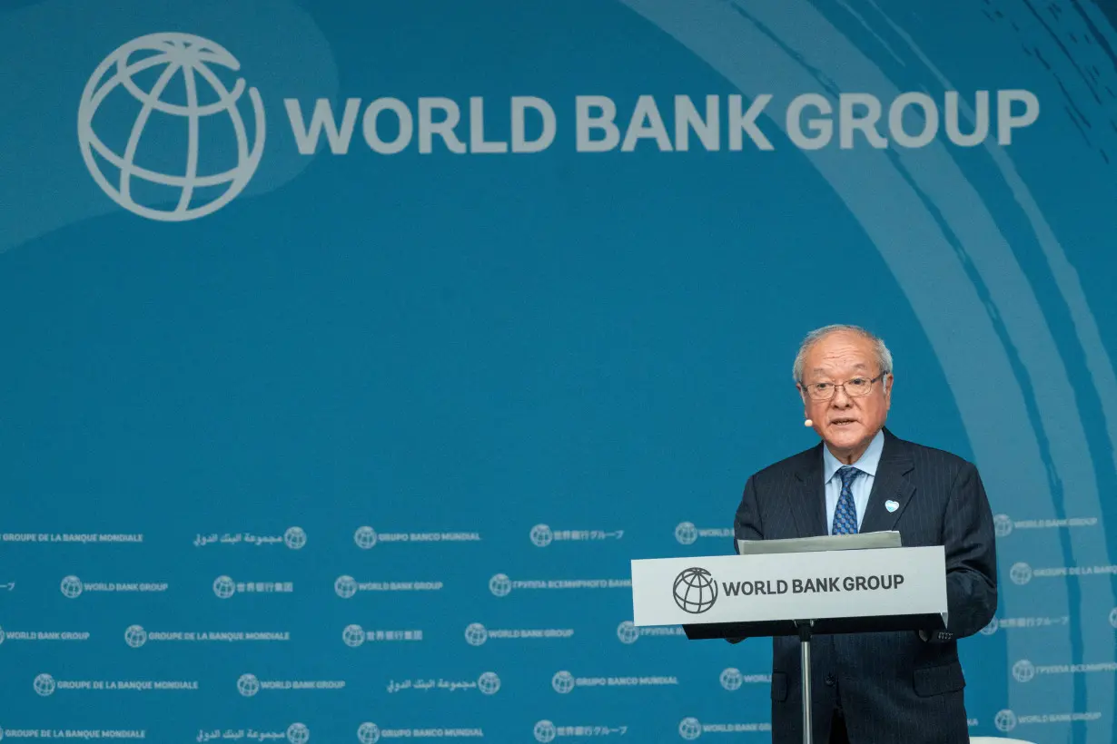 Japanese Finance Minister Shunichi Suzuki speaks during an event during the IMF Spring meetings in Washington