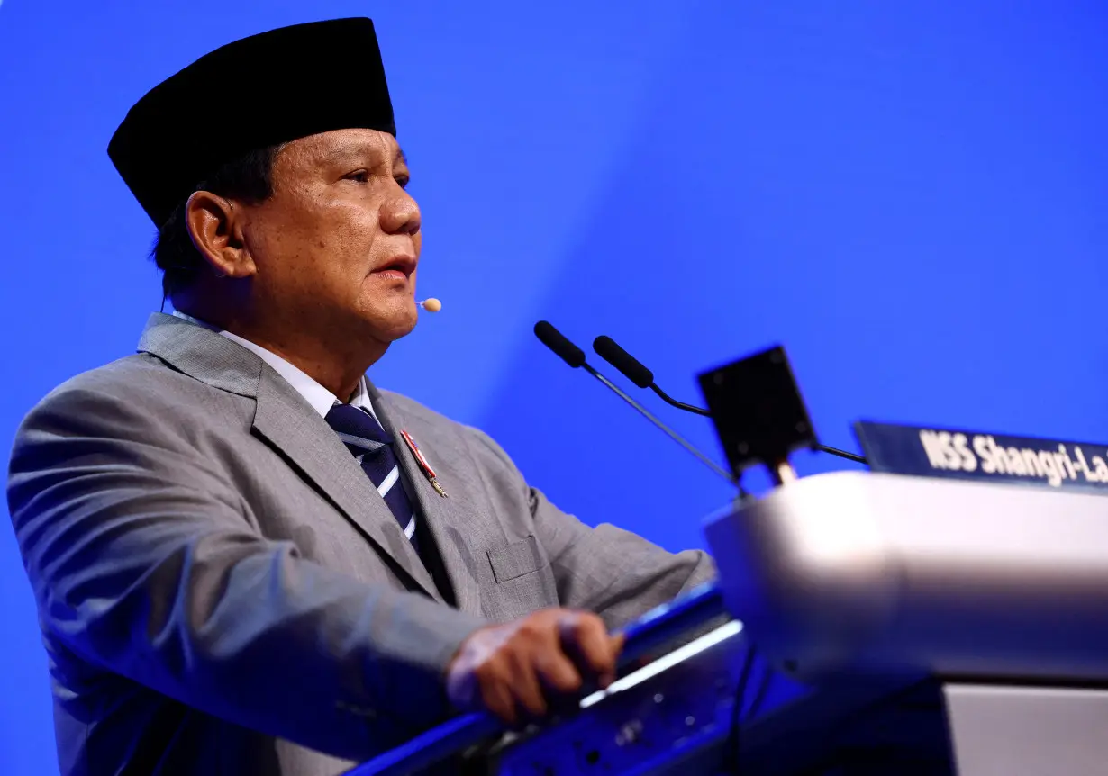 FILE PHOTO: Indonesian President-elect Prabowo Subianto speaks in Singapore