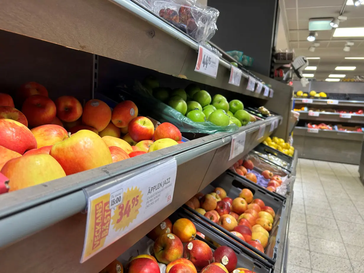 Groceries are displayed at an Ica shop in Stockholm