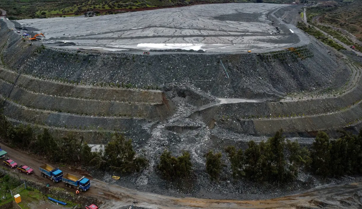 Damaged Las Cenizas tailings dam following heavy rains, in Chile