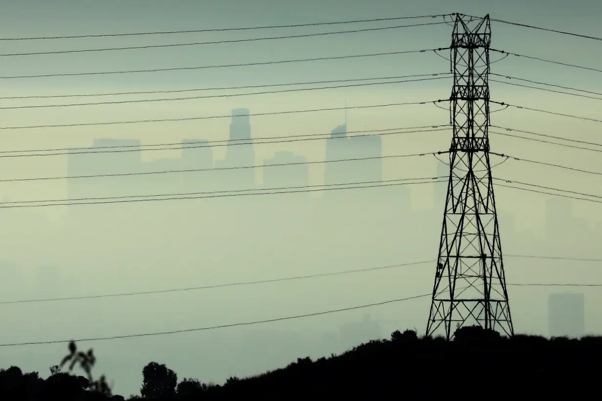 Downtown Los Angeles is seen behind an electricity pylon through the morning marine layer in Los Angeles