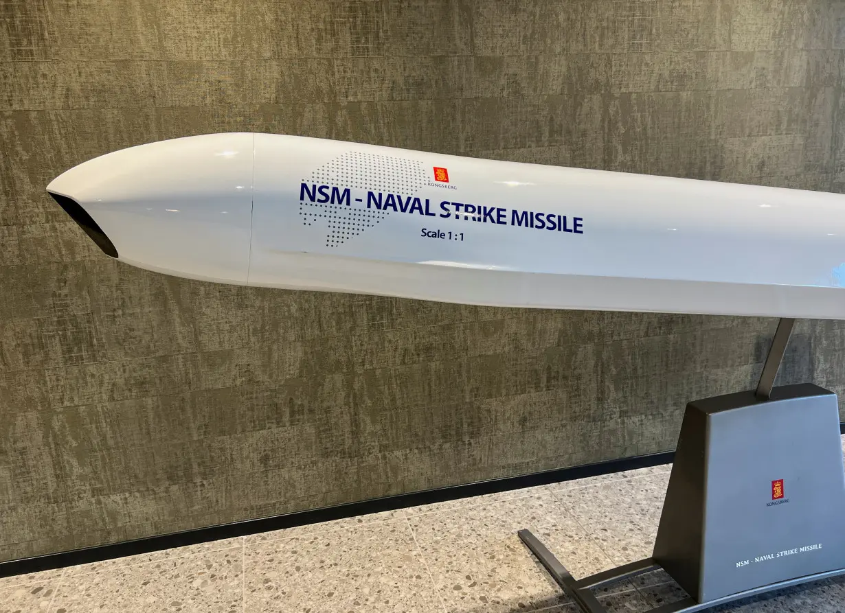 A model of the Naval Strike Missile, an anti-ship missile produced by Norway's Kongsberg, is showcased at the entrance of Kongsberg's new missile factory in Kongsberg