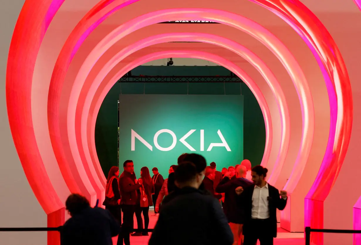 New Nokia's logo is displayed before GSMA's 2023 ahead of the Mobile World Congress (MWC) in Barcelona
