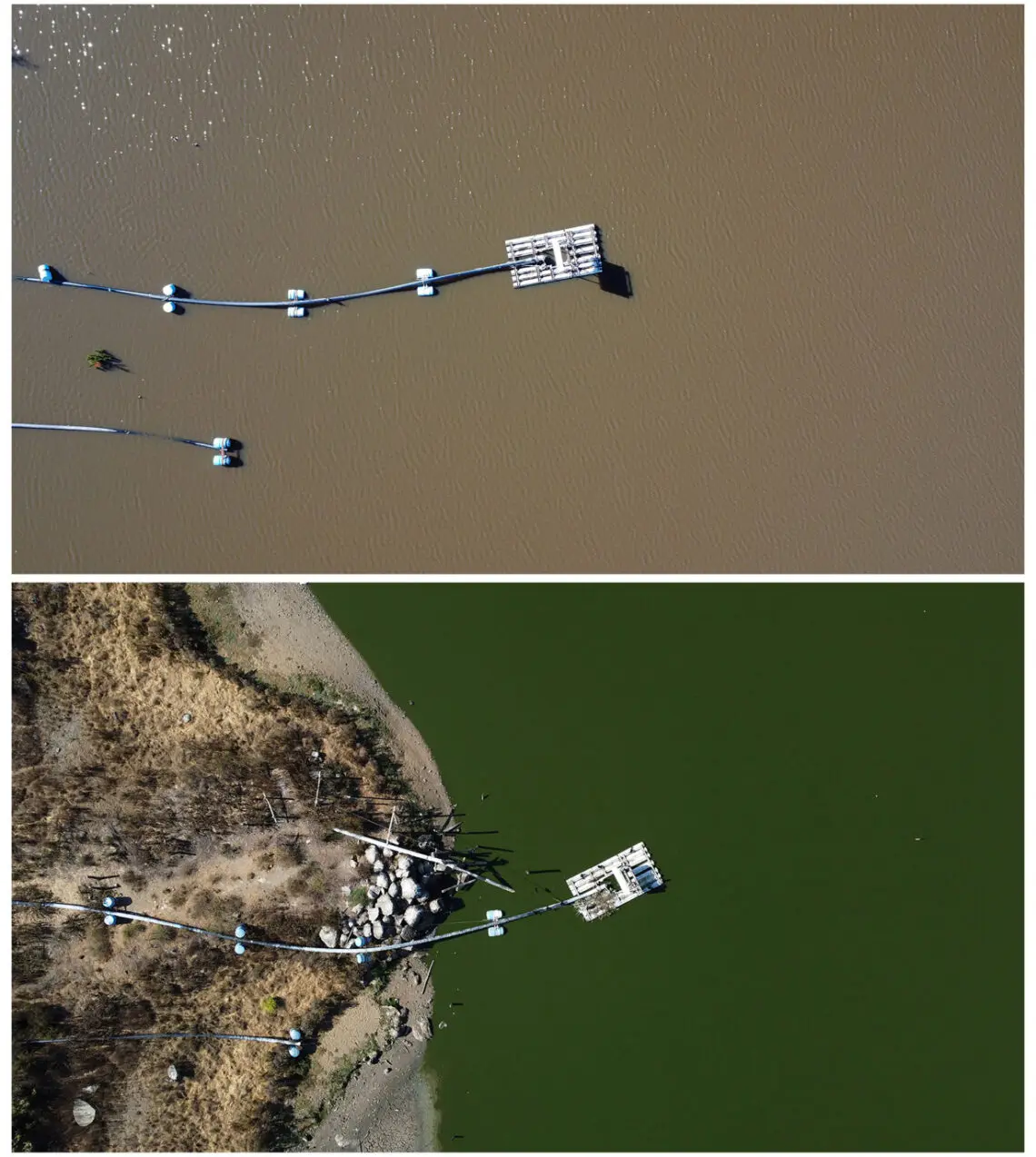 A combination drone view shows Penuelas lake following drought season and the same lake after a pouring rain season, in Chile