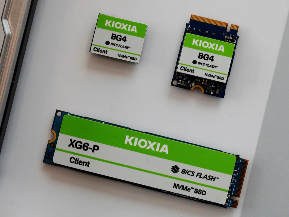 Japanese chipmaker Kioxia's products are displayed at its headquarters in Tokyo
