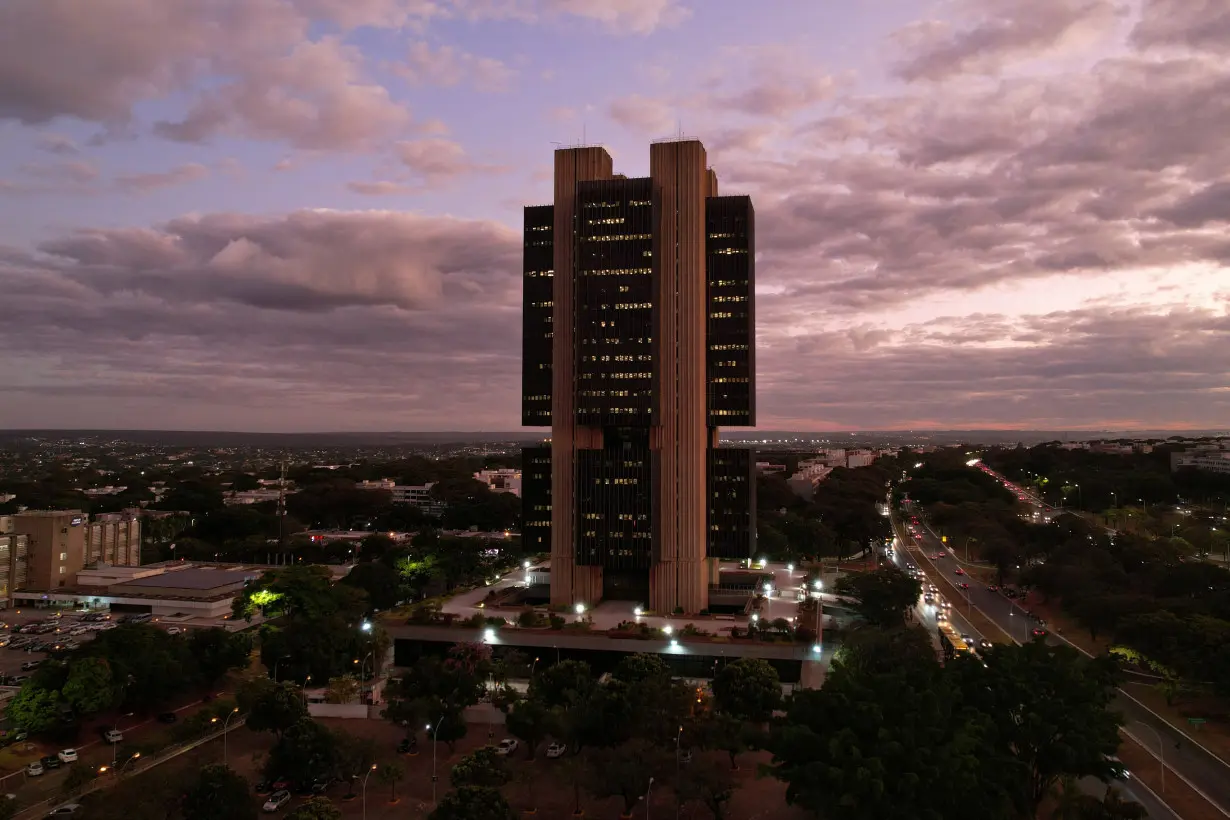 A drone view shows the Central Bank headquarters building during sunset in Brasilia