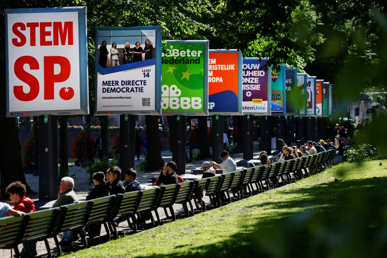 Election campaign boards are displayed, ahead of the elections across 27 European Union member states, in The Hague