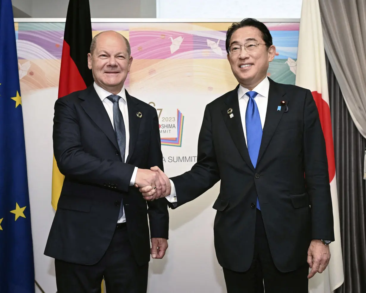 German Chancellor Olaf Scholz holds a bilateral meeting with Japan's Prime Minister Fumio Kishida on the sideline of the G7 leaders' summit in Hiroshima