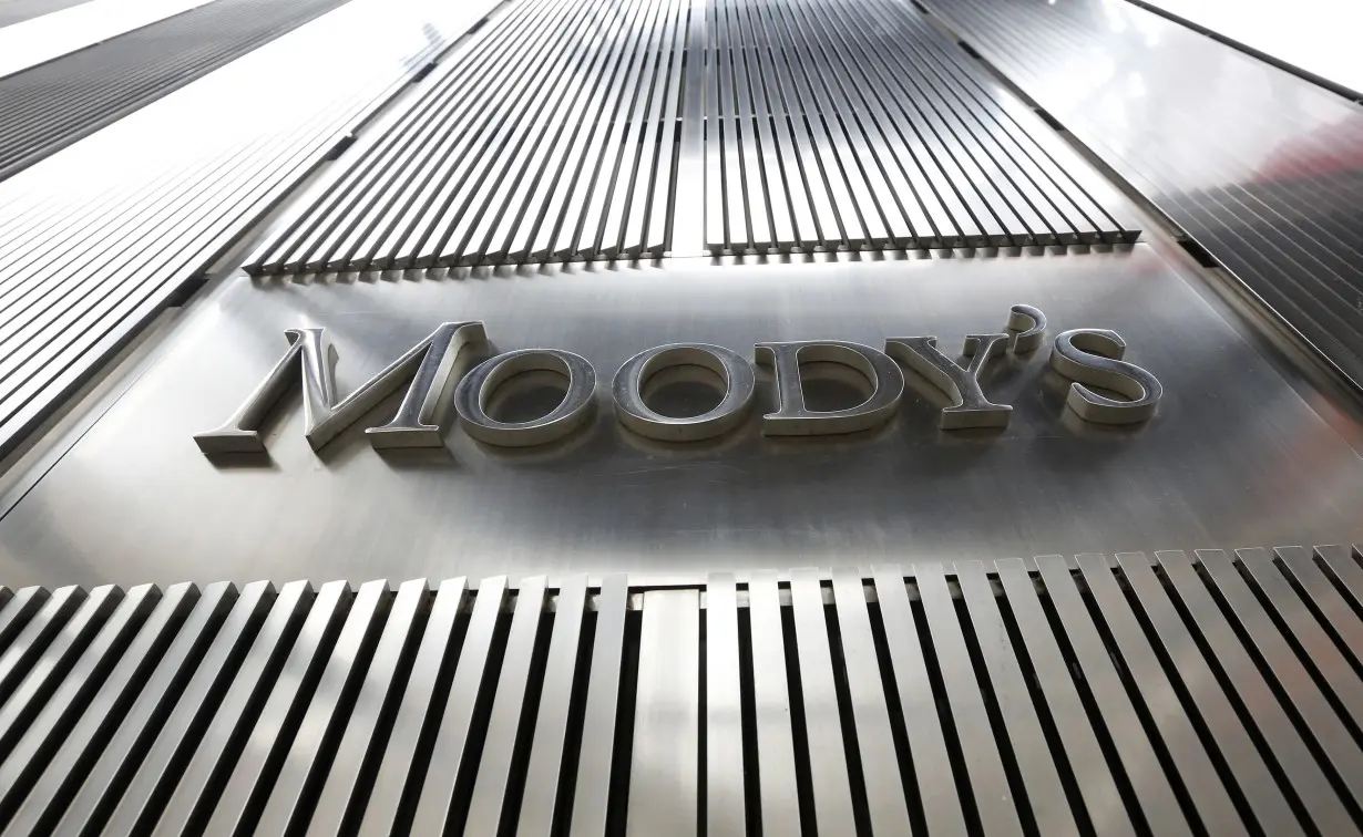 A Moody's sign is displayed on 7 World Trade Center, the company's corporate headquarters in New York