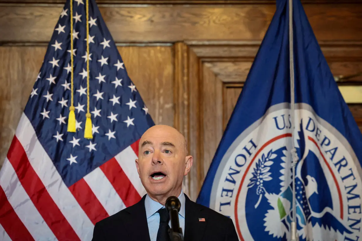 FILE PHOTO: Department of Homeland Security (DHS) Secretary Mayorkas speaks at a news conference in New York