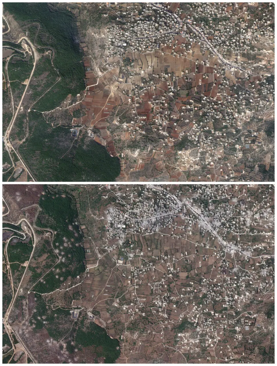A combination picture of satellite images showing damage caused between October 2023 and June 2024 in the Lebanese village of Aita al-Shaab near the Israeli border
