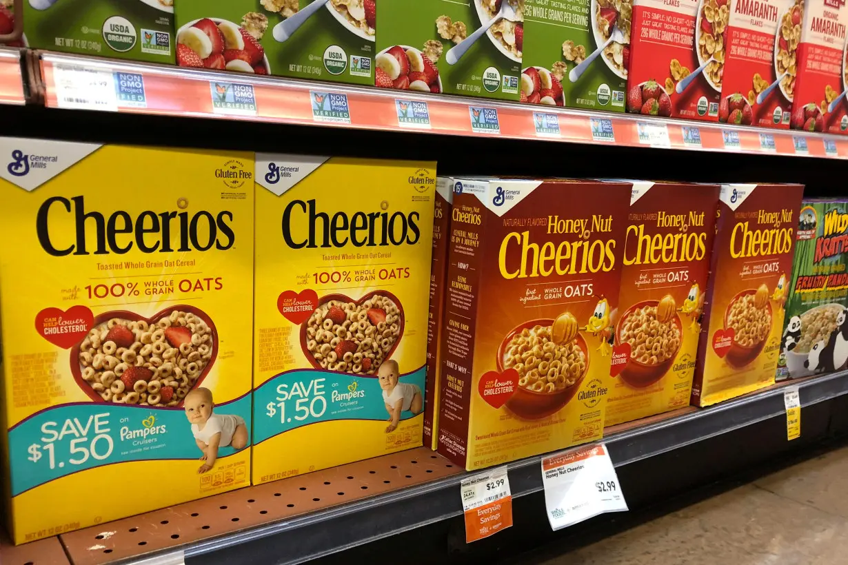 FILE PHOTO: General Mills Inc's Cheerios and Honey Nut Cheerios are displayed on the shelf of a Whole Foods Market store in Venice