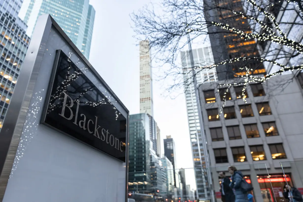 Signage is seen outside the Blackstone Group headquarters in New York City