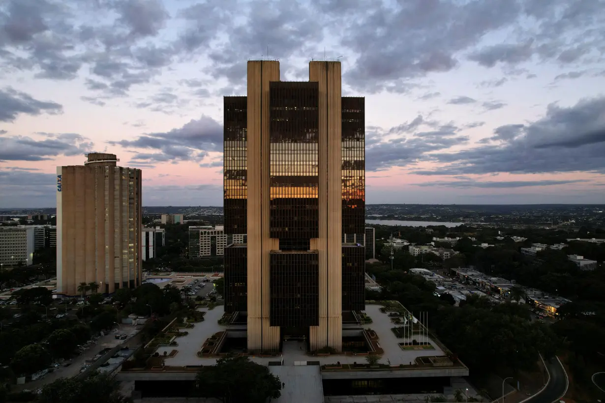 A drone view shows the Central Bank headquarters building during sunset in Brasilia