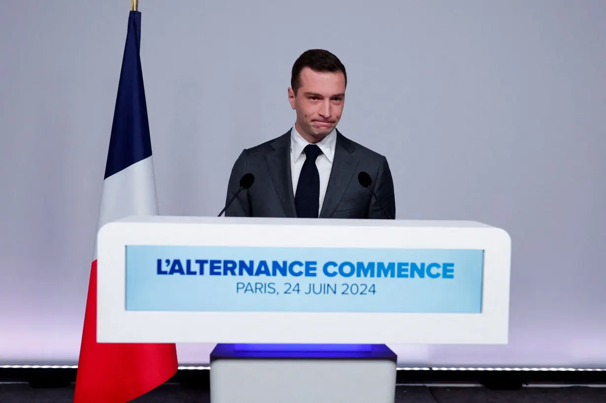 FILE PHOTO: President of the French far-right RN party Bardella attends a press conference for early legislative elections