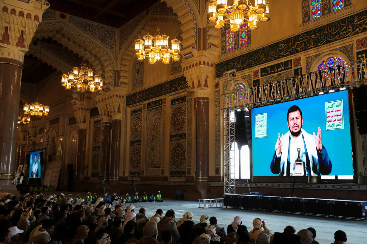 FILE PHOTO: Houthi leader Abdul-Malik al-Houthi addresses followers ahead of Ramadan in Sanaa