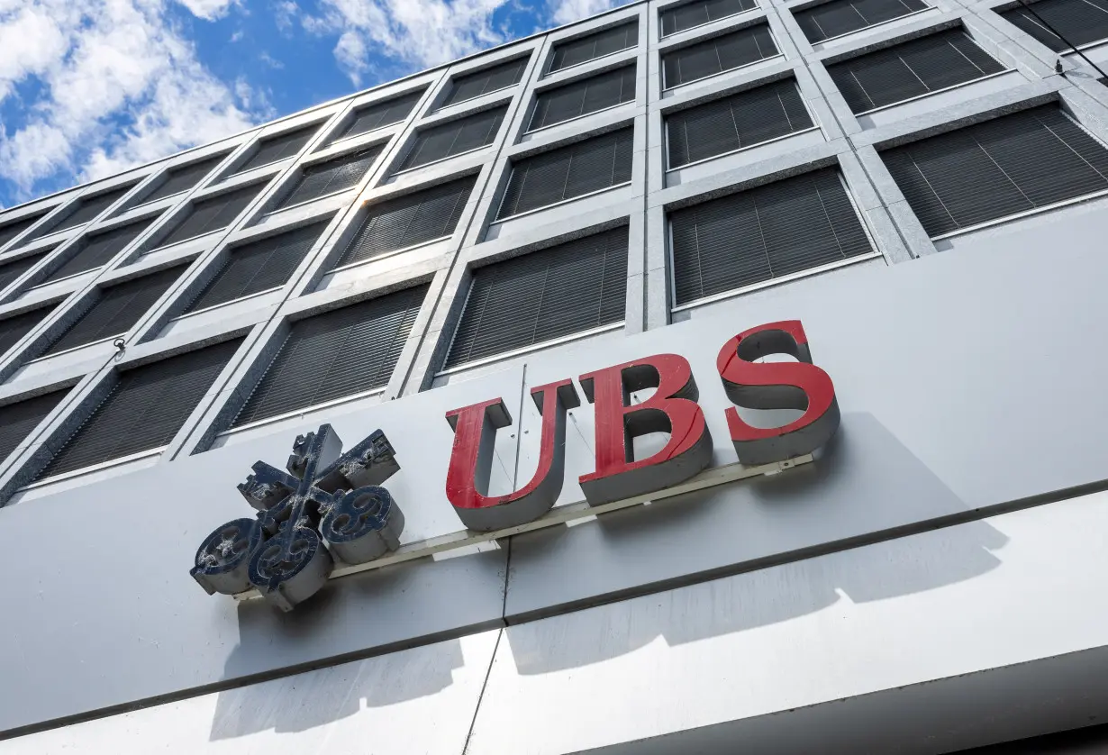 A UBS logo is pictured on the branch of the Swiss bank in Lucerne