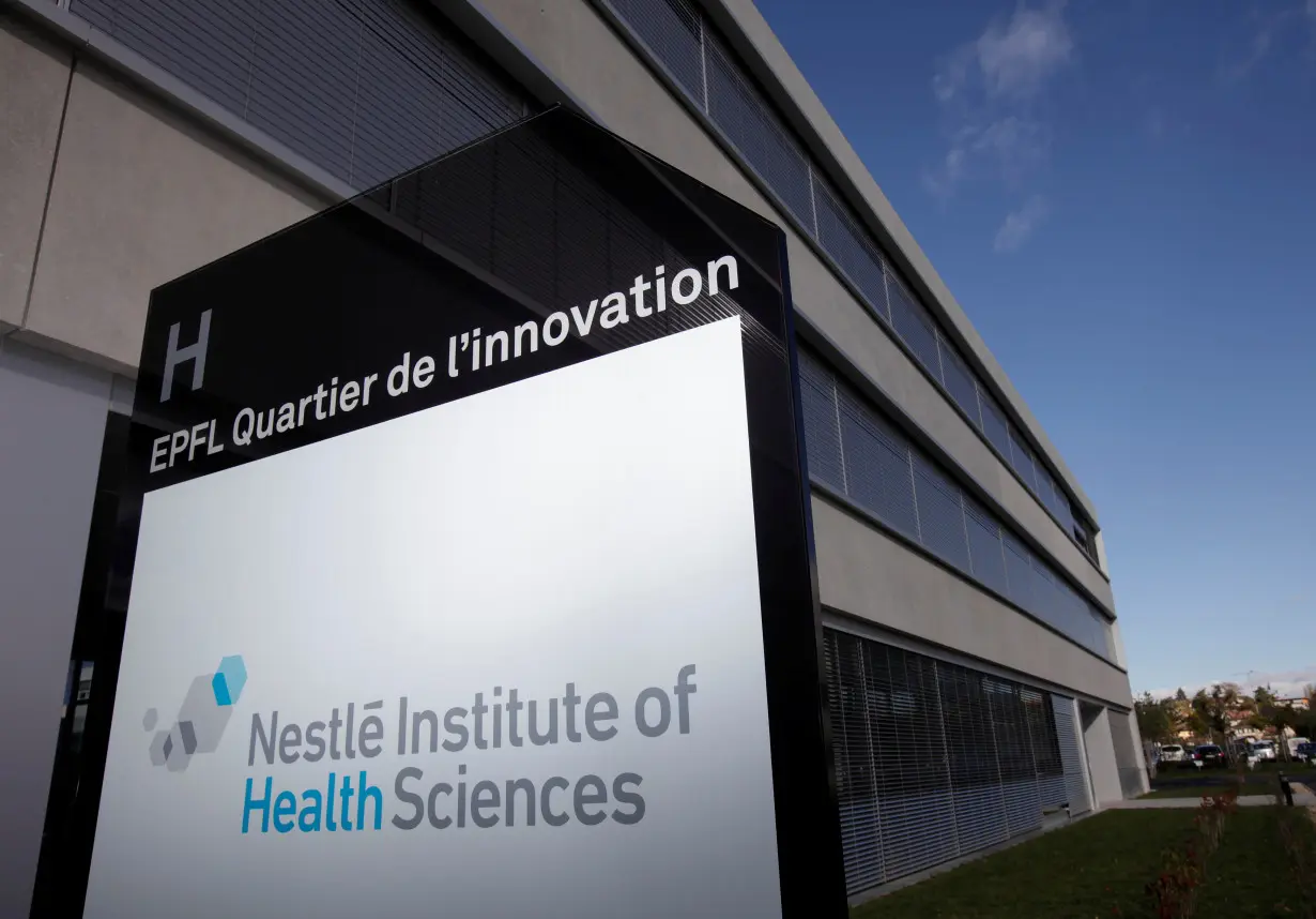 A logo is pictured outside the Nestle Institute of Health Sciences in Lausanne