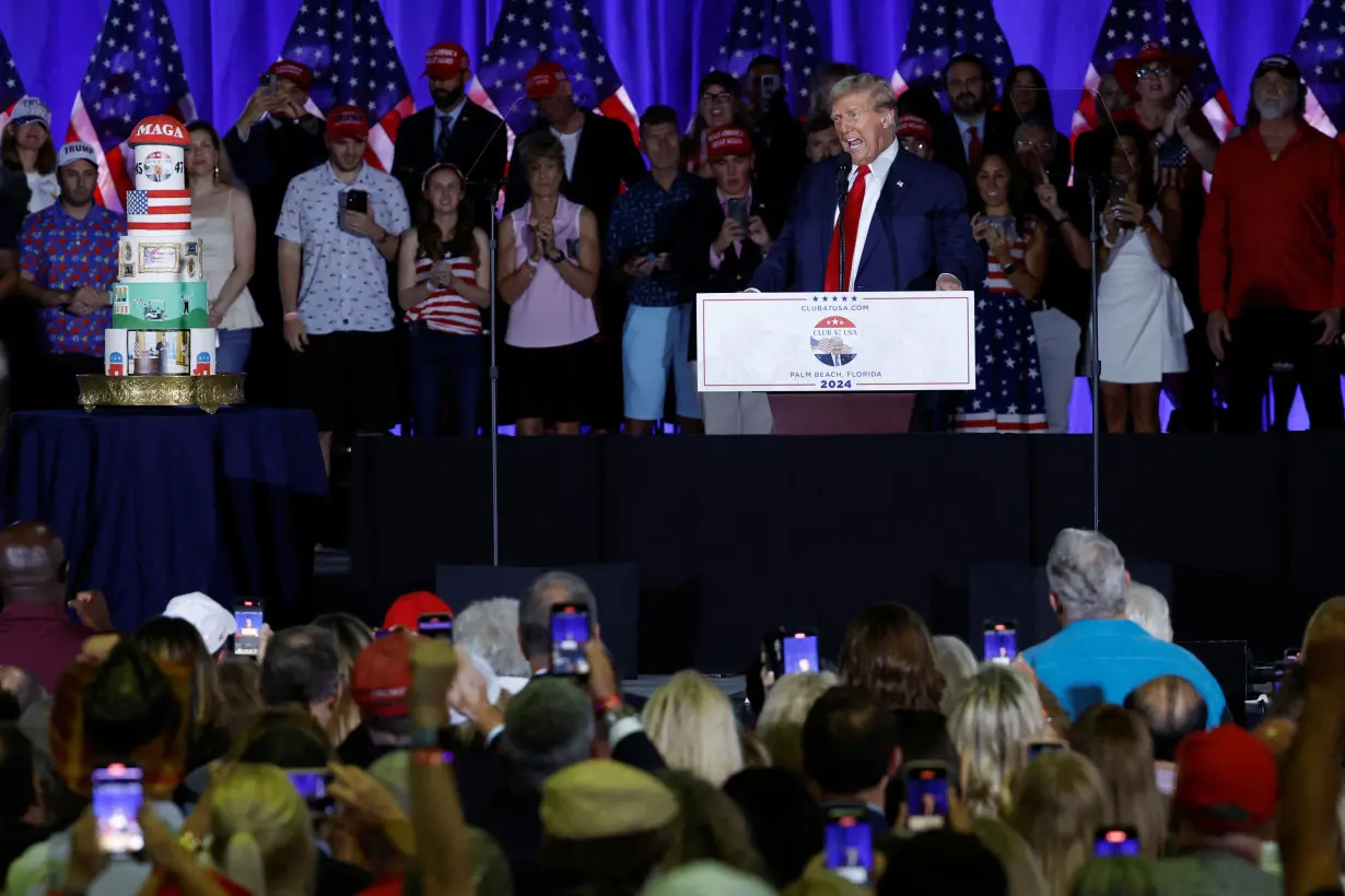 Former U.S. President Donald Trump attends a rally and celebration of his birthday, in West Palm Beach