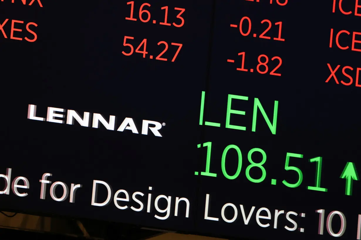 The logo and ticker for Lennar Corporation is displayed on a screen at the New York Stock Exchange (NYSE) in New York City