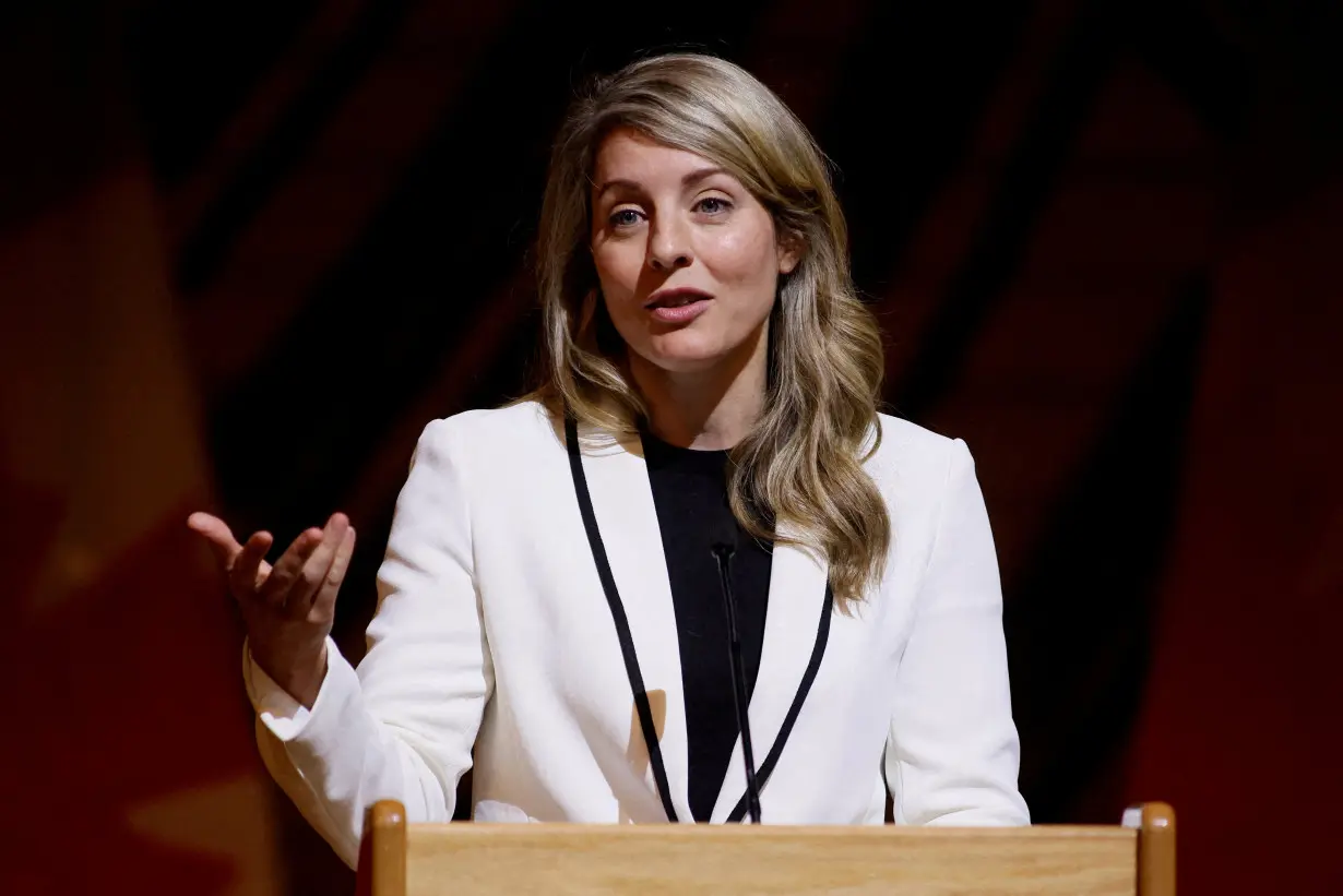 FILE PHOTO: Canada's Minister of Foreign Affairs Melanie Joly speaks during a reception honouring the visit of the Chairperson of the African Union Commission Moussa Faki Mahamat in Gatineau, Quebec
