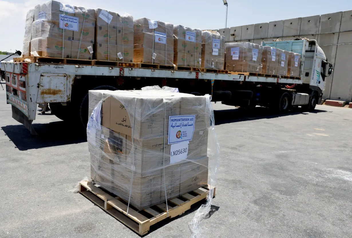 FILE PHOTO: An Egyptian truck carrying humanitarian aid for the Gaza Strip, amid the ongoing conflict in Gaza between Israel and the Palestinian Islamist group Hamas, is seen at the Kerem Shalom crossing in southern Israel