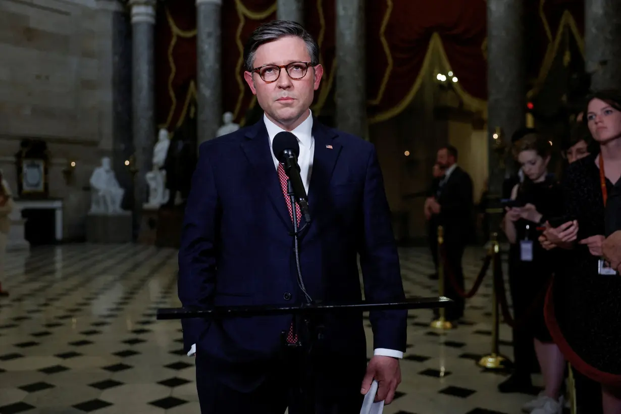 FILE PHOTO: Speaker of the House Mike Johnson (R-LA) speaks to the media after the Senate dismissed the House Republican impeachment charges against Homeland Security Secretary Alejandro Mayorkas in Washington