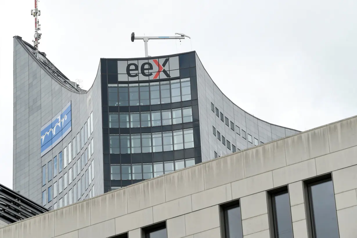 FILE PHOTO: The logo of the European Energy Exchange (EEX), world's biggest online power trading platform is pictured at the headquarters in a centre-of-town high-rise office building in Leipzig