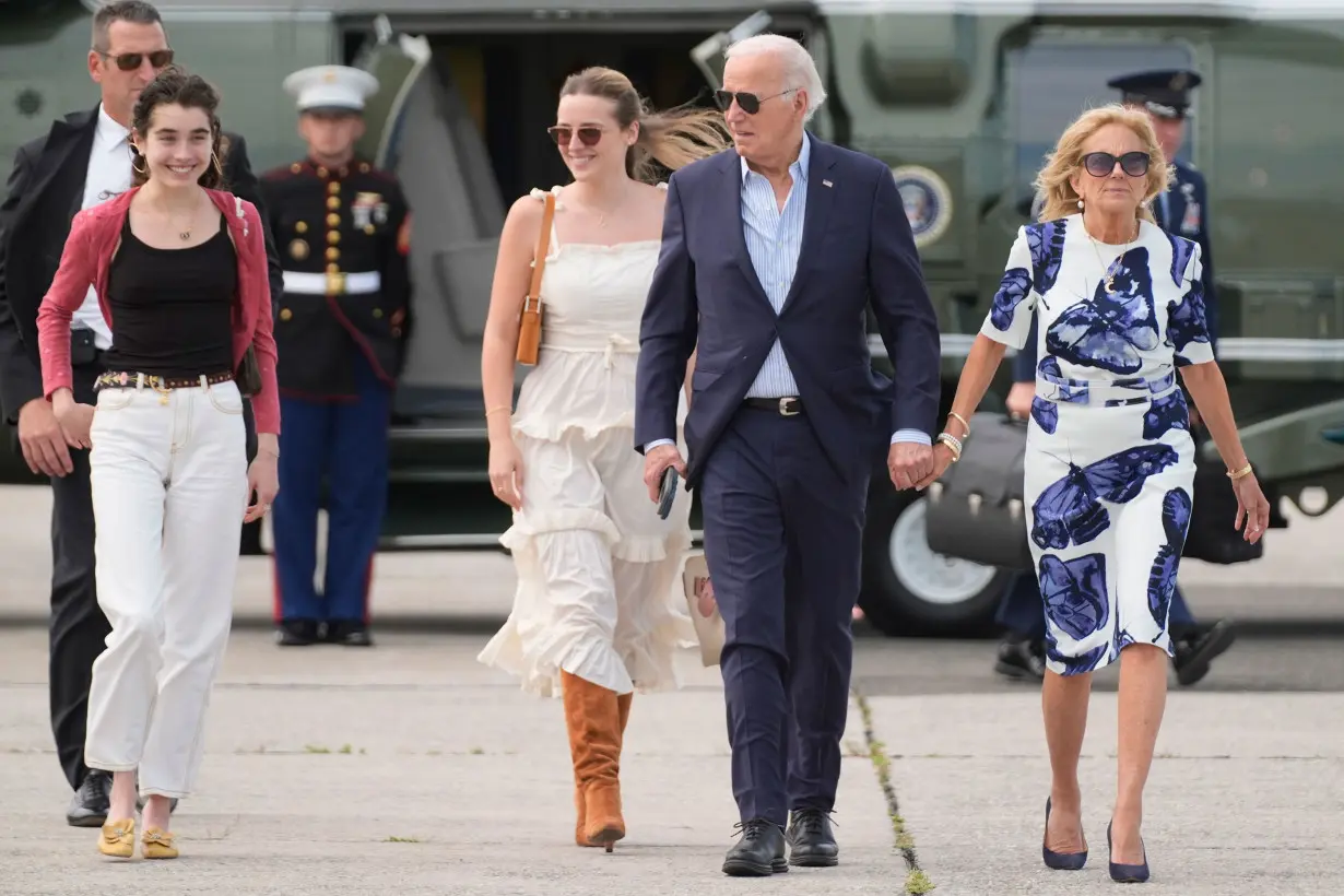 President Joe Biden and first lady Jill Biden and their granddaughters Natalie Biden, left, and Finnegan Biden arrive in East Hampton, New York, for a fundraiser on June 29. The family later traveled to Camp David for the weekend.