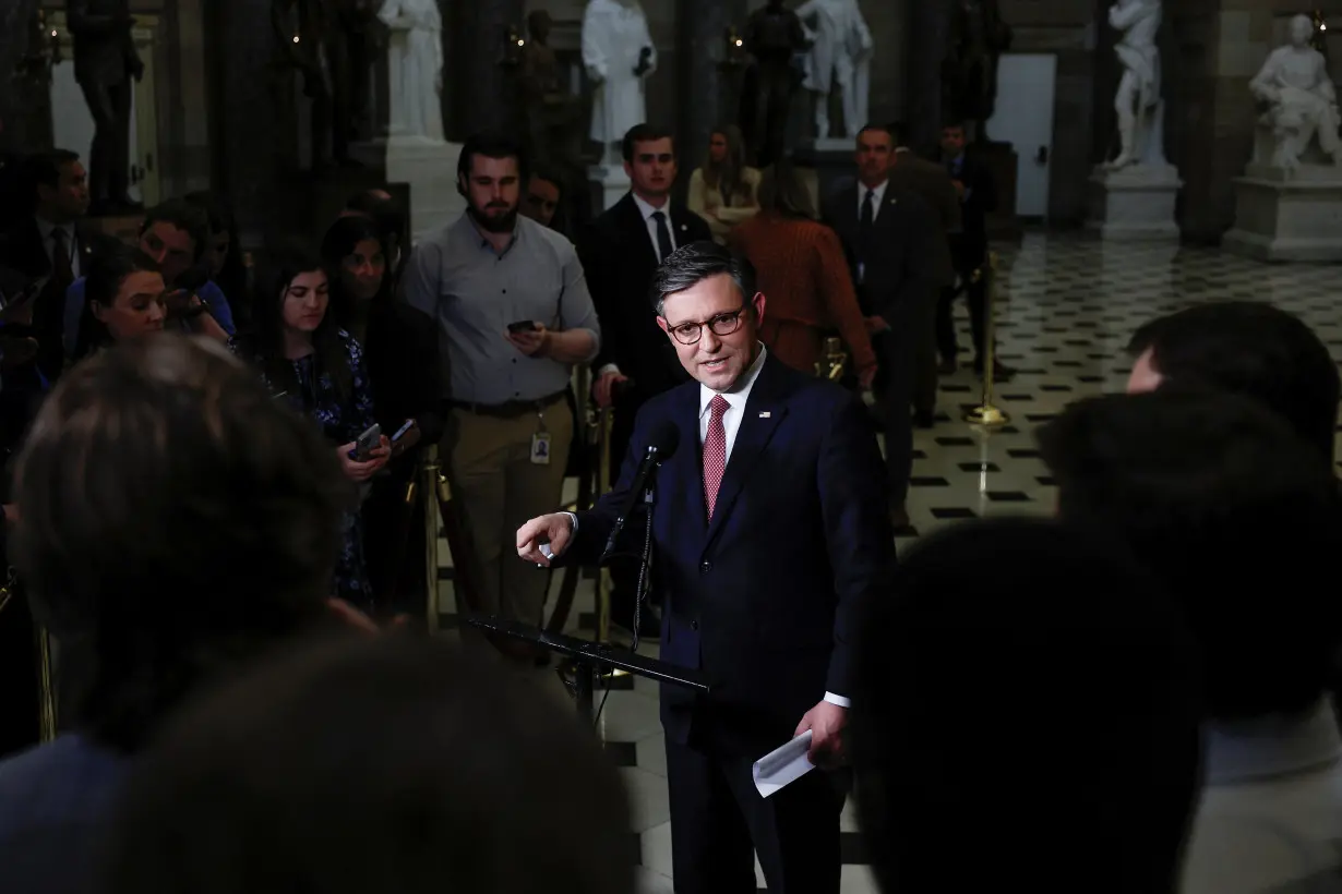 Speaker of the House Mike Johnson (R-LA) speaks to the media after the Senate dismissed the House Republican impeachment charges against Homeland Security Secretary Alejandro Mayorkas in Washington