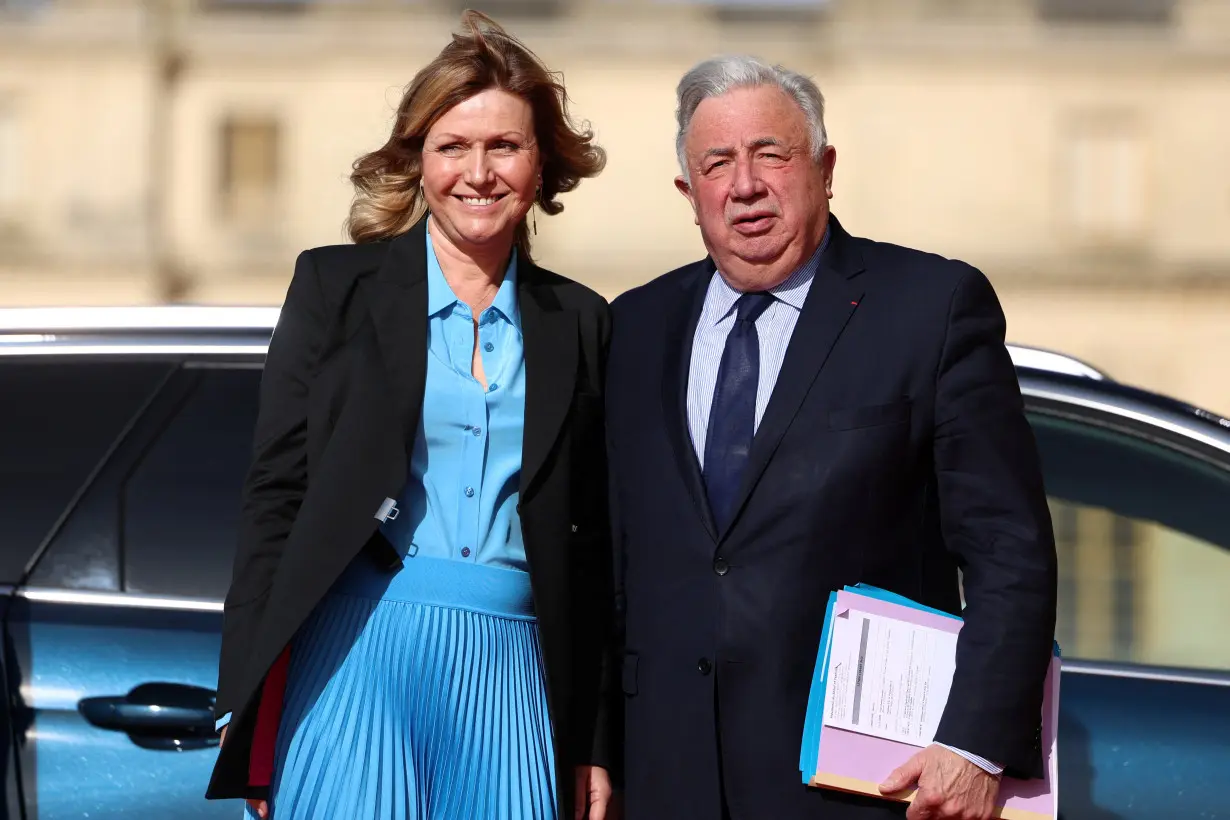 President of French National Assembly Yael Braun-Pivet and French Senate president Gerard Larcher pose as they arrive to take part in the congress of both houses of parliament in Versailles