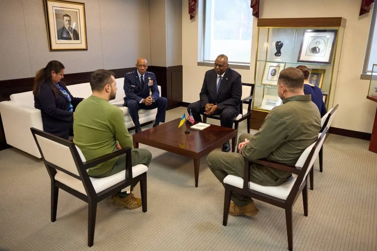 Ukraine's President Volodymyr Zelenskiy attends a meeting with U.S. Secretary of Defense Lloyd Austin and Chairman of the Joint Chiefs of Staff and Air Force General Charles Q. Brown, in Washington