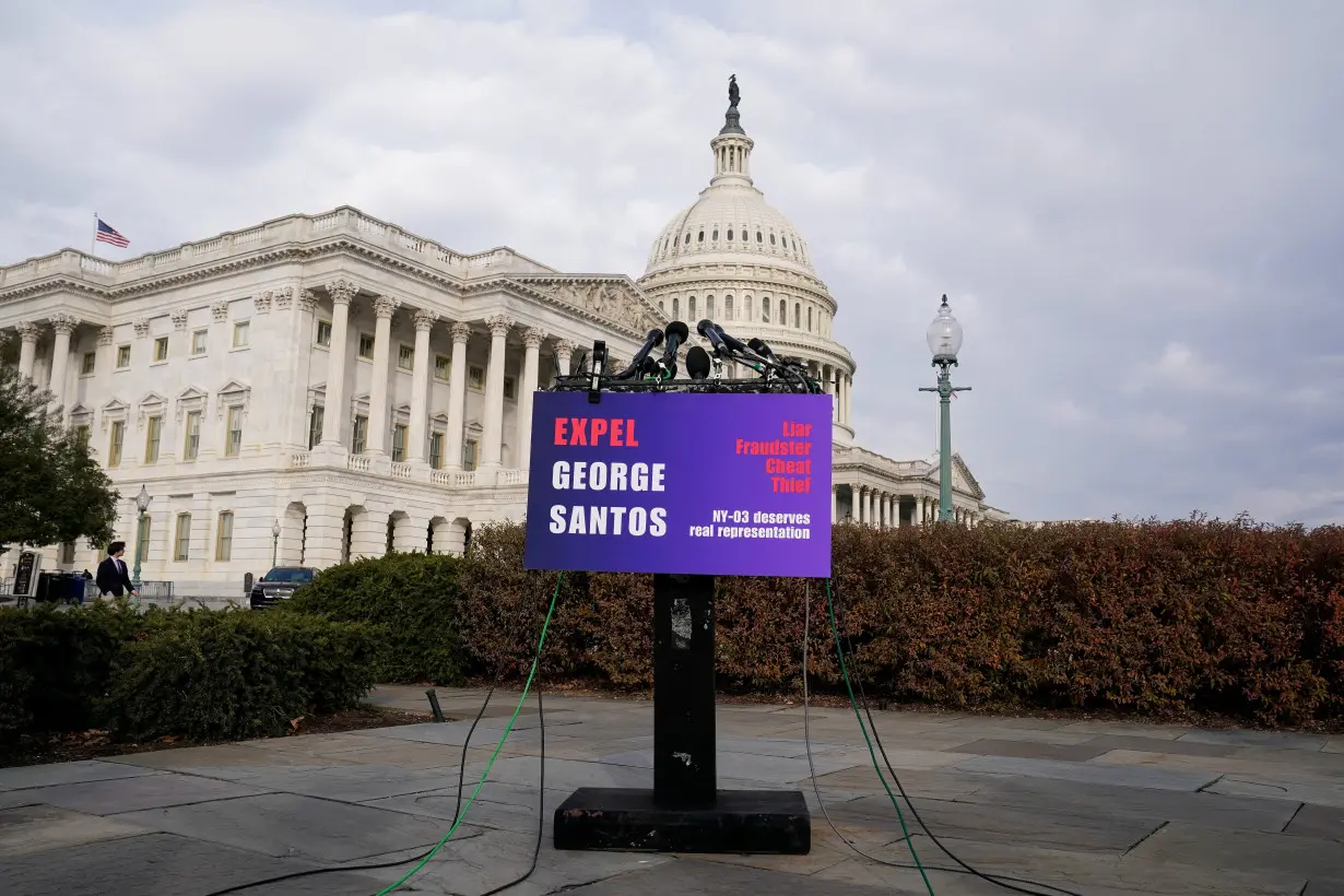 A lectern and microphones are seen ahead of a press conference calling for the expulsion of U.S. Representative George Santos (R-NY) from the House of Representatives, on Capitol Hill in Washington