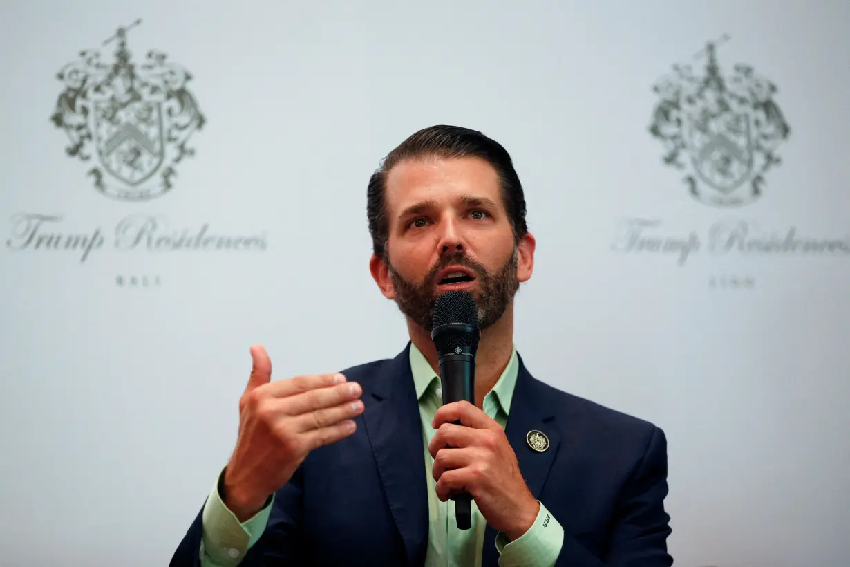 FILE PHOTO: Executive Vice President of The Trump Organization, Donald J. Trump Jr., gestures as he speaks during a news conference following pre-launch of the Trump Residences in Jakarta