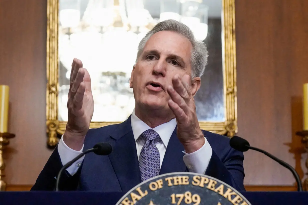 FILE PHOTO: U.S. House Speaker Kevin McCarthy speaks to reporters in the U.S. Capitol after the House of Representatives passed a stopgap government funding bill to avert an immediate government shutdown, on Capitol Hill