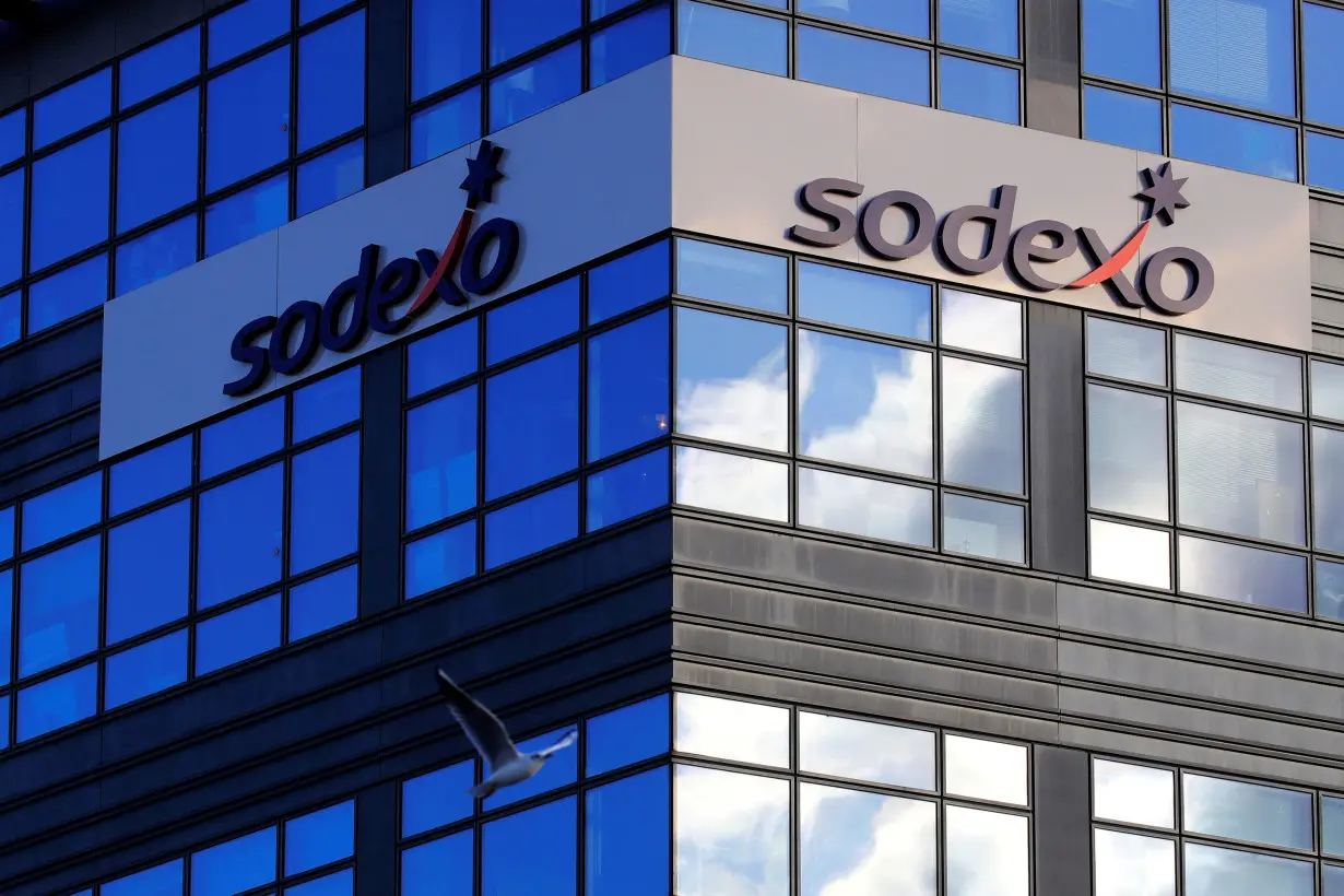 FILE PHOTO: The logo of French food services and facilities management group Sodexo is seen at the company headquarters in Issy-les-Moulineaux near Paris