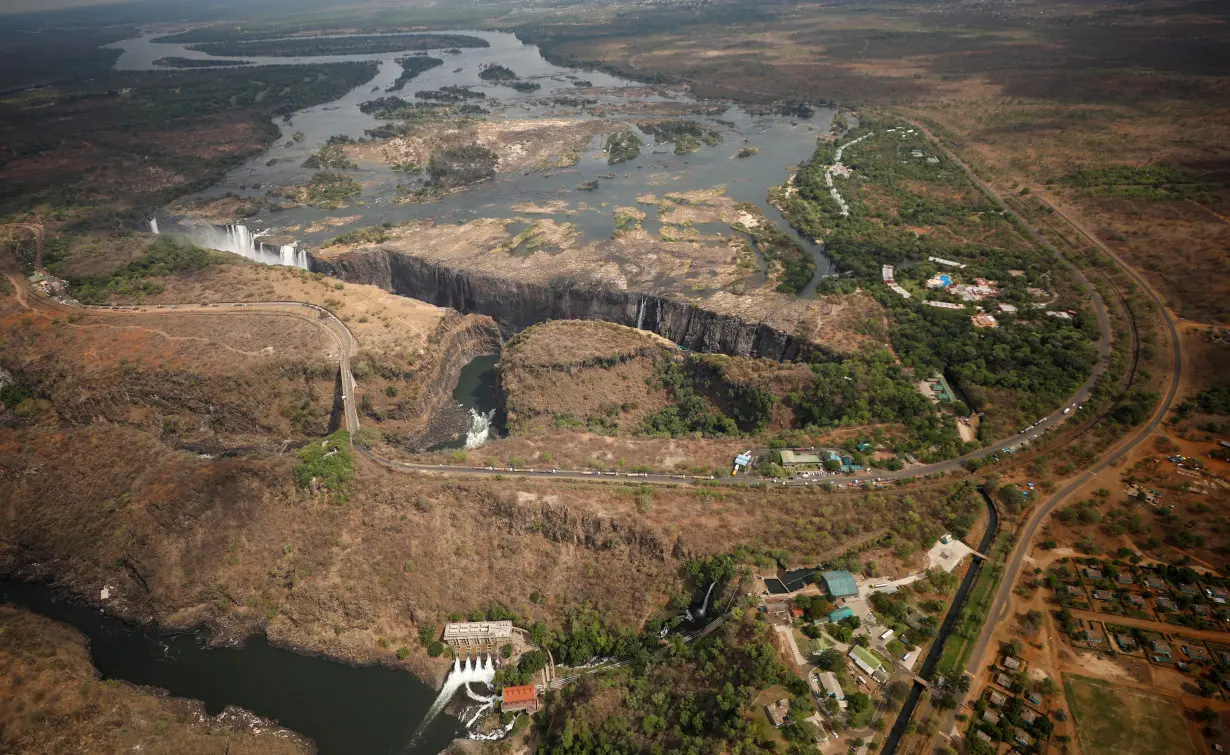 A dry section of the Zambezi river is seen above the gorge on the Zambian side of Victoria Falls
