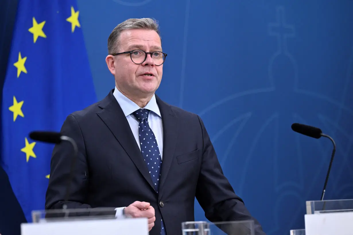 President of the European Commission von der Leyen, Sweden's PM Kristersson and Finland's PM Orpo attend a press conference at the Swedish Government headquarters Rosenbad, in Stockholm