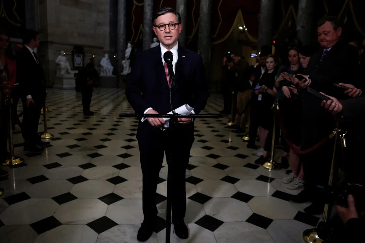 FILE PHOTO: Speaker of the House Mike Johnson (R-LA) speaks to the media after the Senate dismissed the House Republican impeachment charges against Homeland Security Secretary Alejandro Mayorkas in Washington