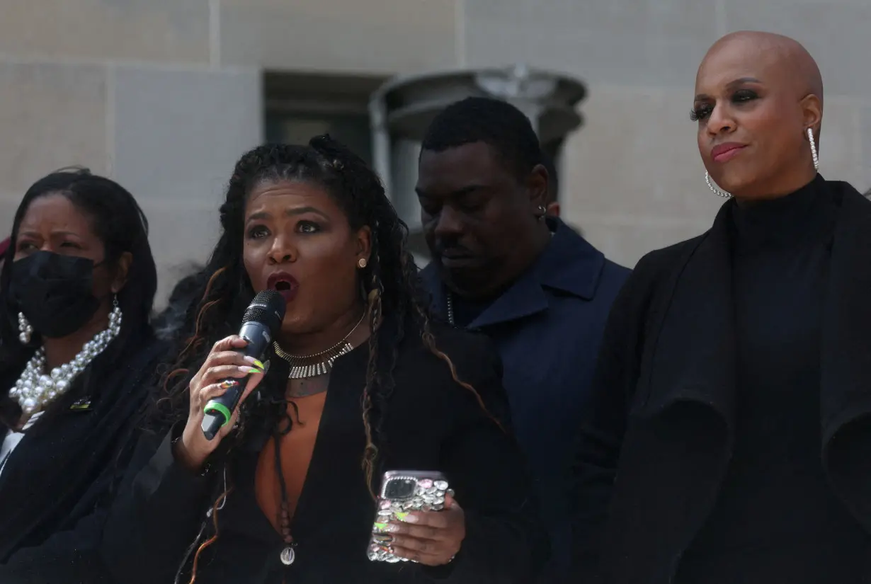 FILE PHOTO: U.S. Rep. Cori Bush (D-MO) rallies with U.S. Rep. Ayanna Pressley (D-MA) outside of the U.S. Department of Justice to call for an end to qualified immunity in Washington, U.S., March 3, 2022. REUTERS/Leah Millis