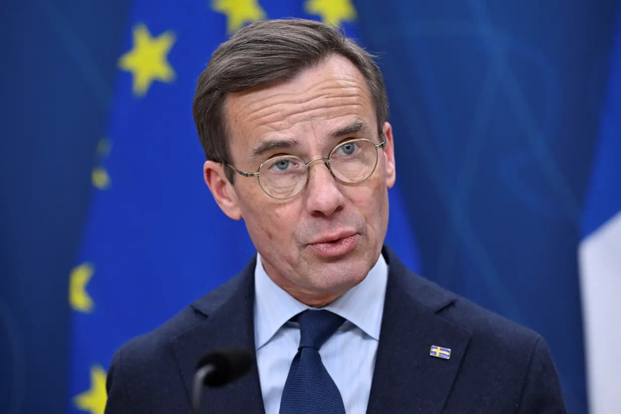 President of the European Commission von der Leyen, Sweden's PM Kristersson and Finland's PM Orpo attend a press conference at the Swedish Government headquarters Rosenbad, in Stockholm