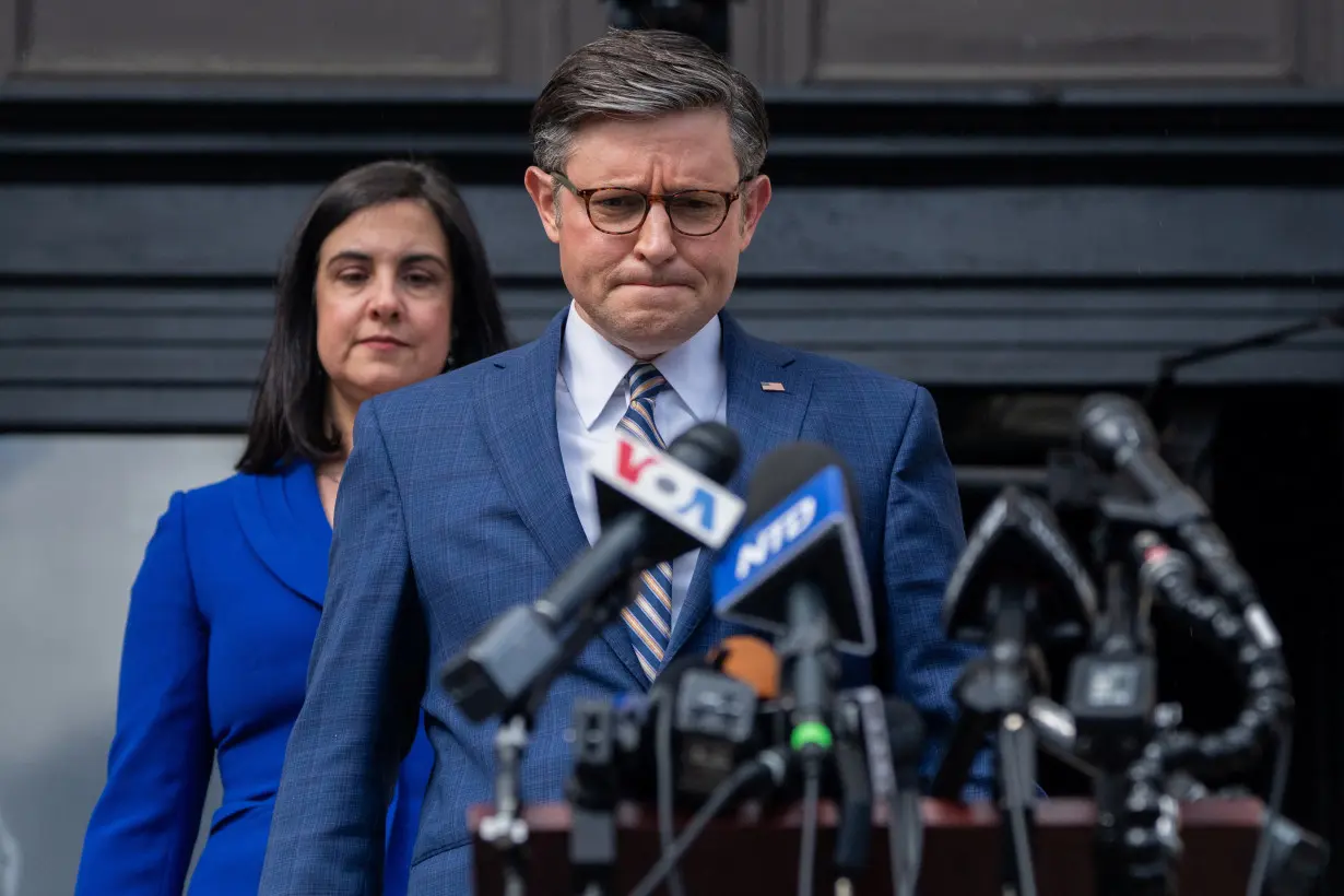 Speaker of the U.S. House of Representatives Mike Johnson attends a news conference at Columbia University in response to Demonstrators protesting in support of Palestinians in New York