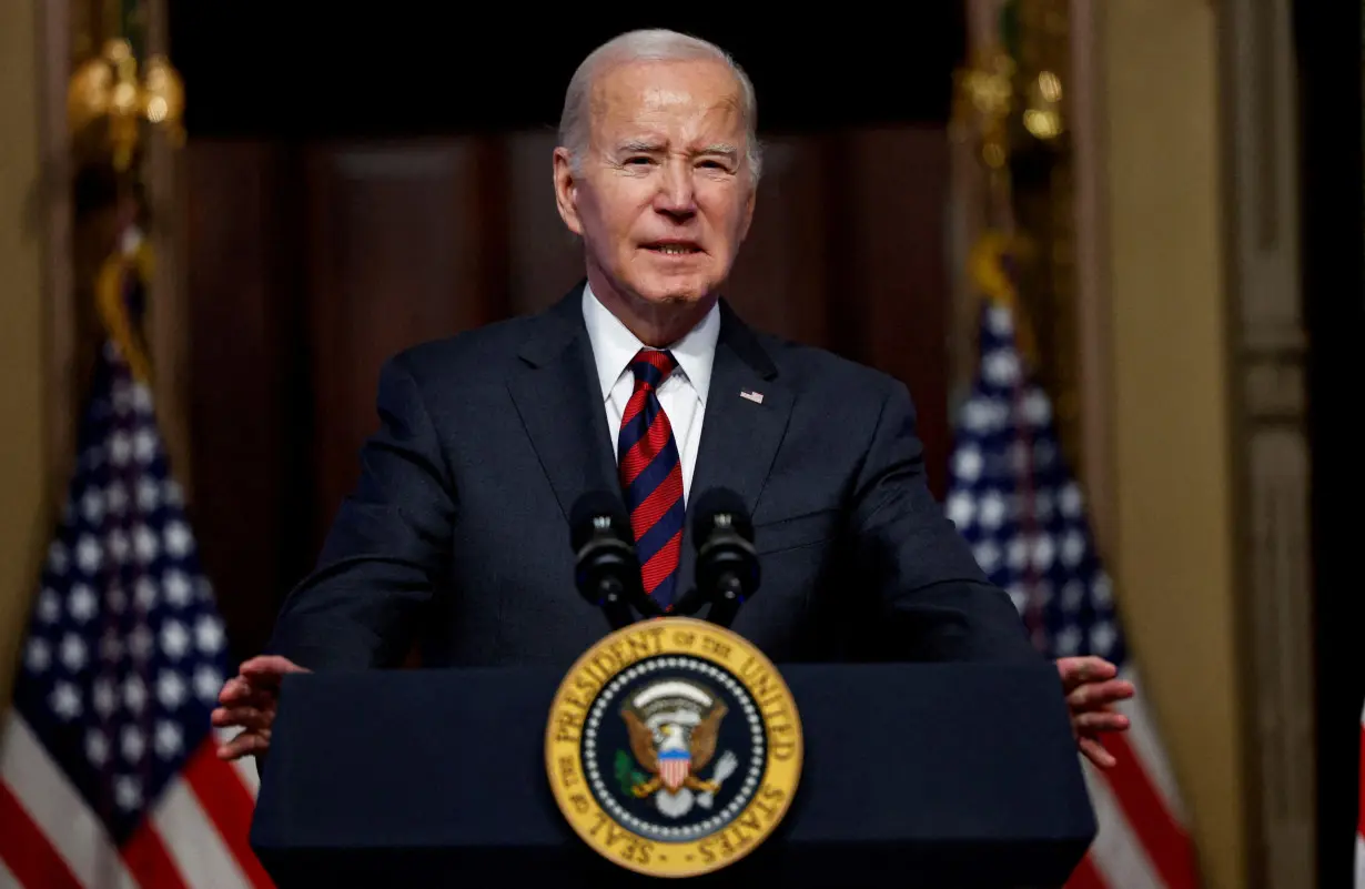 U.S. President Biden speaks about efforts to strengthen supply chains at the White House complex in Washington