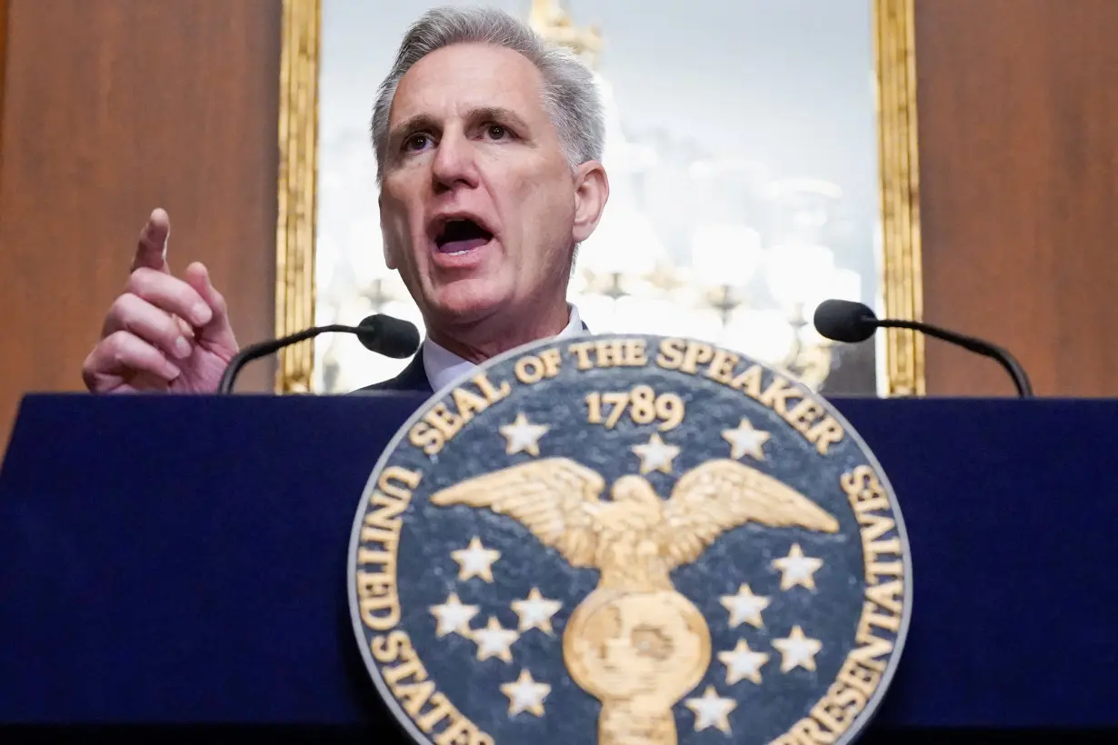 U.S. House Speaker Kevin McCarthy speaks to reporters in the U.S. Capitol after the House of Representatives passed a stopgap government funding bill to avert an immediate government shutdown, on Capitol Hill