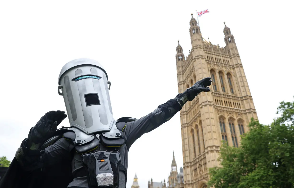 Satirical 'Count Binface' poses during interview with Reuters, ahead of challenge to UK PM Sunak for parliament seat in general election, in London