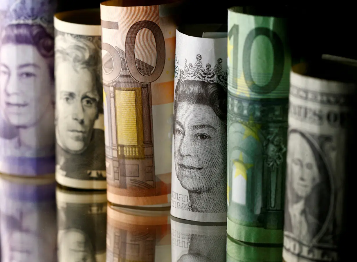 FILE PHOTO: Dollar, Euro and Pound banknotes are seen in this picture illustration